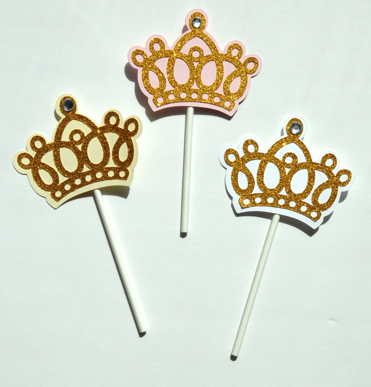 Gold Glitter Crown Cupcake Toppers with Rhinestone by stampandseal