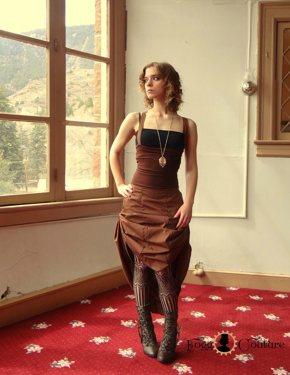 Brown bustled Steampunk dress with pockets
