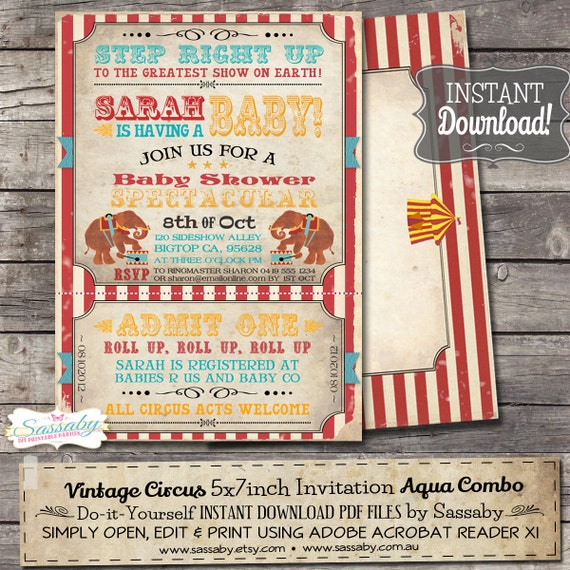 Vintage Circus Candy Baby Shower Invitation - INSTANT DOWNLOAD - Aqua Combo Editable & Printable File by Sassaby Il_570xn