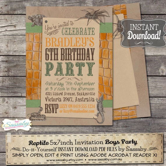 Reptile Invitation - INSTANT DOWNLOAD - Editable & Printable Boys Birthday Party Invitation by Sassaby Il_570xn