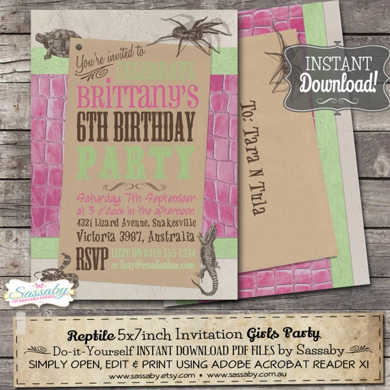 Reptile Girl Invitation - INSTANT DOWNLOAD - Editable & Printable Birthday Party Invitation by Sassaby Il_570xn