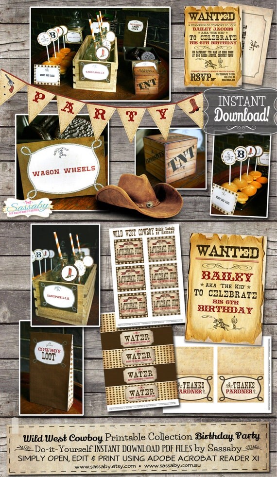 Wild West Cowboy Party Collection - INSTANT DOWNLOAD - Editable & Printable Birthday Party Decorations by Sassaby Il_570xn