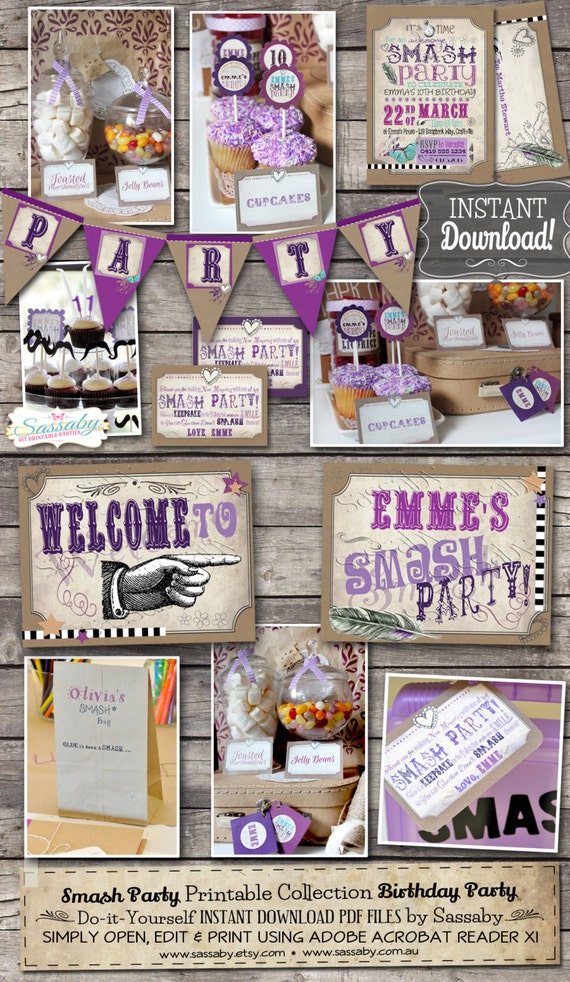 Smash Party Collection - INSTANT DOWNLOAD - Editable & Printable Scrapbooking, Art, Journal Making, Birthday Decorations by Sassaby Parties Il_570xn
