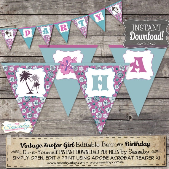 Vintage Surfer Girl Party Banner - INSTANT DOWNLOAD - Editable & Printable Birthday Decoration by Sassaby Il_570xn