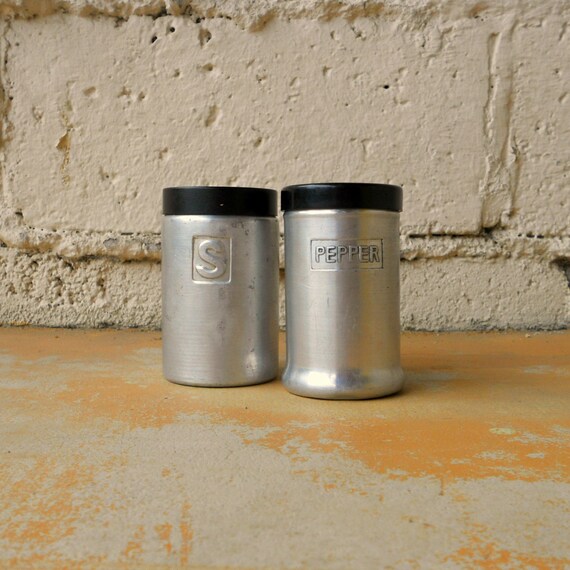 Vintage Salt and Pepper Shakers Aluminum and Black Lid 1950s