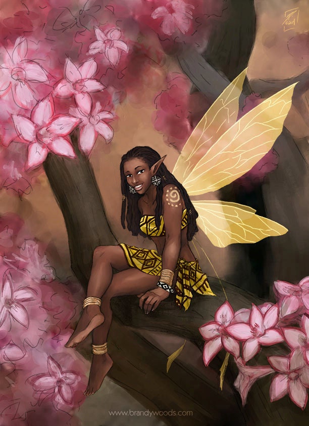 Copper African Fairy with Impala Lily Flowers Fantasy Art