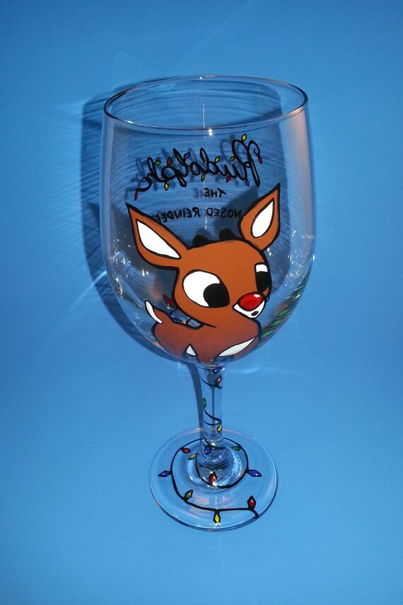 Rudolph the Red Nosed Reindeer Wine Glass Made to Order Hand