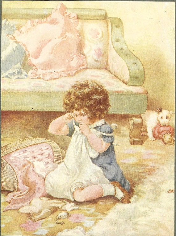 1900's Edwardian Children's Print Young Girl Curly Hair Blue Dress Crying Naughty Dog Steals Doll From Cradle Book Plate Book Illustration