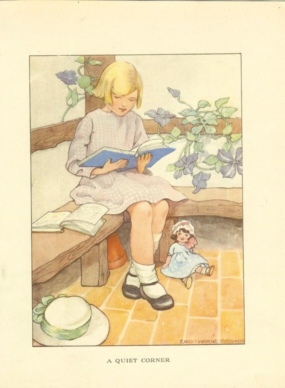 Vintage 1920's Enid Warne Brown Children's Print Blonde Haired Girl Reading Book Corner Bench Clematis Book Plate Book Illustration