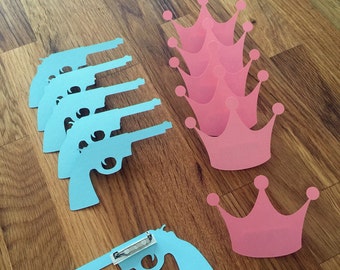 Party Pins: Guns or Glitter Gender Reveal Baby Shower - Die Cut Pink Girl Crown & Blue Boy Pistol Rifle vote game