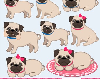 Pug Dog Clip Ar Set - Pug Digital Art - Pug Graphics - Dog Graphics - Puppy Clip Art - Instant Download