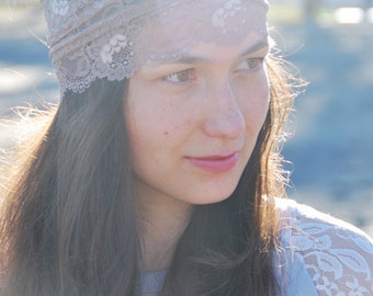 Bohemian Lace Bandana, Rustic Wedding Headband, Vintage style Lace Headband, dark beige boho head band, Music Festival Accessories