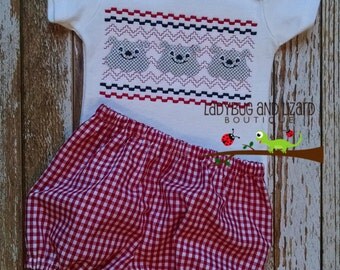 Faux Smocked Bullodog Faces and Gingham Diaper Cover Set Size NB-18M