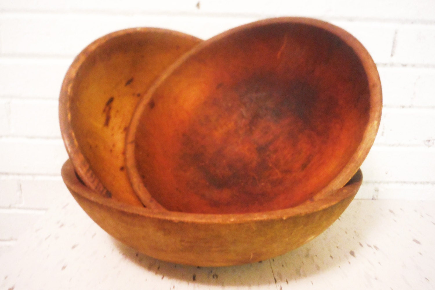 Three antique wooden dough bowls large biscuit mixing