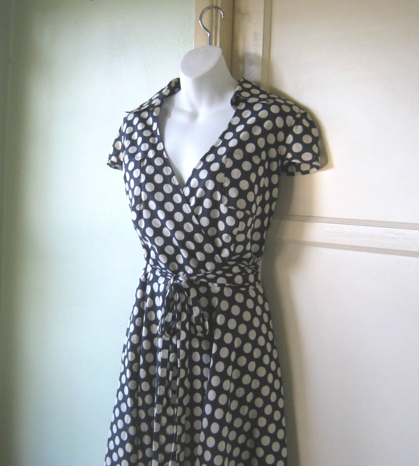 Large Vintage Fit & Flare Wrap Dress – Black and White Polka Dot Cotton ...