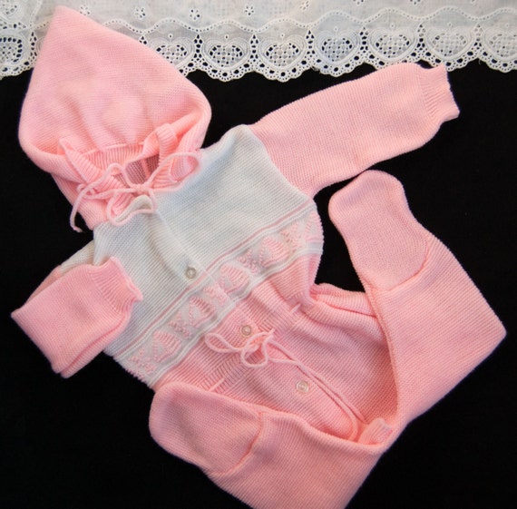 Vintage Baby Girls Romper, 70s Clothes, Warm Hooded Sweater, Peach Pink White, One Piece, 3-6 Months, Sailboats, Reborn Doll Footed Sleeper