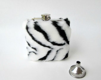 21st Birthday Gift for Her, Unique Hip Flask for Women, Zebra Print Liquor Flask Womens Flask Funnel INCLUDING FLASK, Faux Fur, Bridesmaid