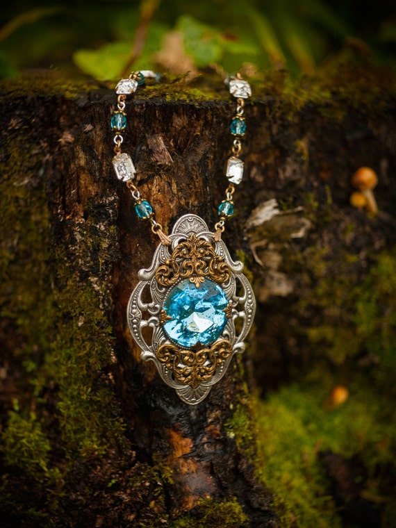 Royal Mystery Victorian Antiqued Silver Necklace with Aquamarine Swarovski crystal "Grimoire" Victorian Estate Jewelry by VictorianJewelryBox steampunk buy now online