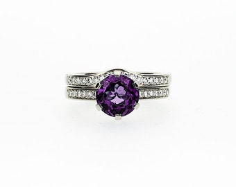 gold rose ring engagement amethyst scalloped diamond band purple