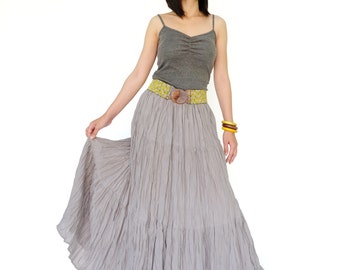 NO.5 Pigeon Grey Cotton Gauze, Hippie Gypsy Boho Tiered Long Peasant Skirt