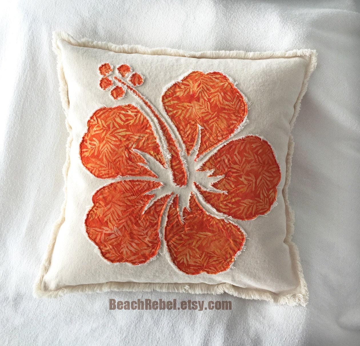 Hibiscus flower applique pillow cover in orange leaf by BeachRebel