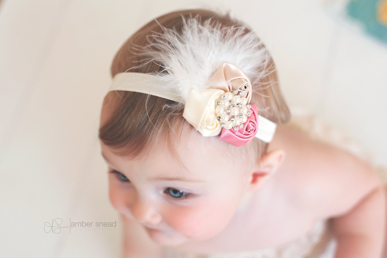 Vintage Baby Headband, Dusty pink, brown and Ivory Feather Headband, infant Headband, Newborn headband, baby hair bow,Newborn photo prop