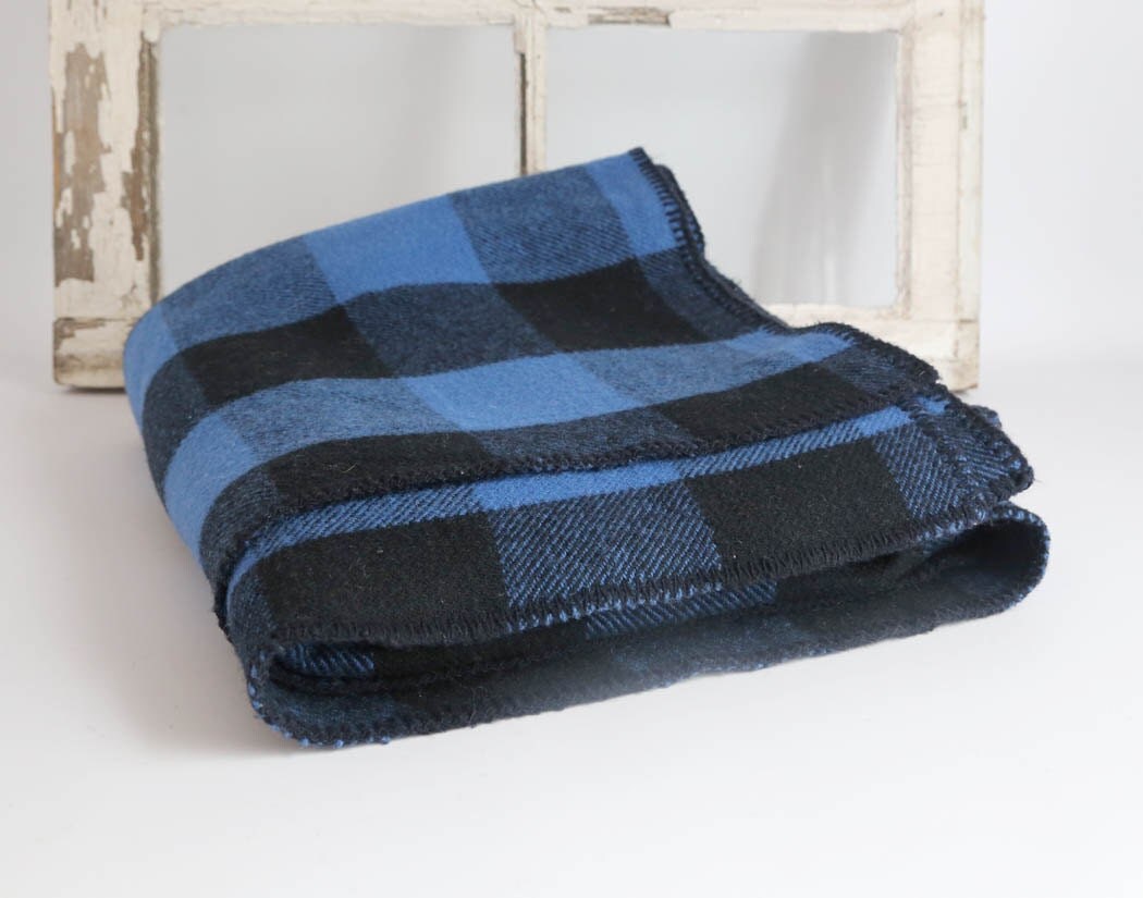 Vintage Faribo Wool Blanket Blue and Black Buffalo Plaid