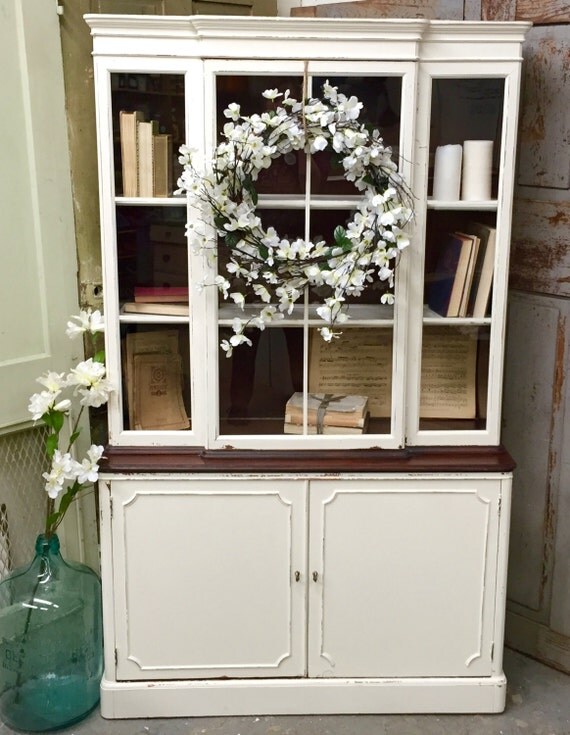 Vintage Bookcase White Hutch Painted Furniture by VintageHipDecor