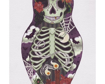 Dia de los Muertos Sugar Skull Halloween Nesting Doll Art Print