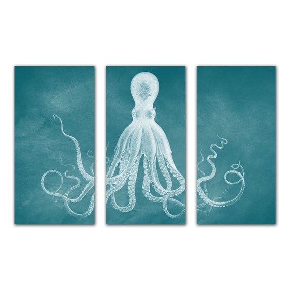 Teal Octopus Triptych Octopus Wall Art Beach Decor Coastal