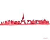 ORIGINAL watercolor painting, Paris art, Paris skyline, France, pink Paris, 12 x 9 inch