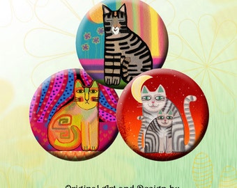 FUNKY CATS - Digital Collage Sheet 1 inch round images for bottle caps, pendants, round bezels, etc. Instant Download #213.
