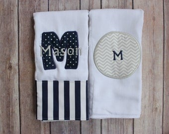 Baby Boy Monogrammed Burp Cloth Set Navy and Grey - Personalized Monogrammed Boy Burp Cloth Set with Applique Initial and Monogram