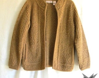 Vintage 1980's Camel Nubby Boucle Ribbed Knit Cardigan Sweater Jacket Size Medium