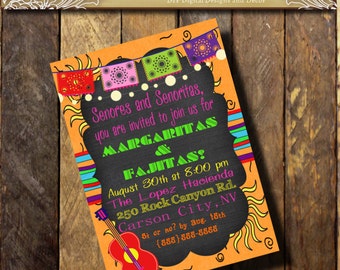 Mexican FIESTA Party Invitation Southwest invitation TEX MEX Invitation Banner Guitar 15th 20th 40th Birthday Shower Pink Orange Pu...