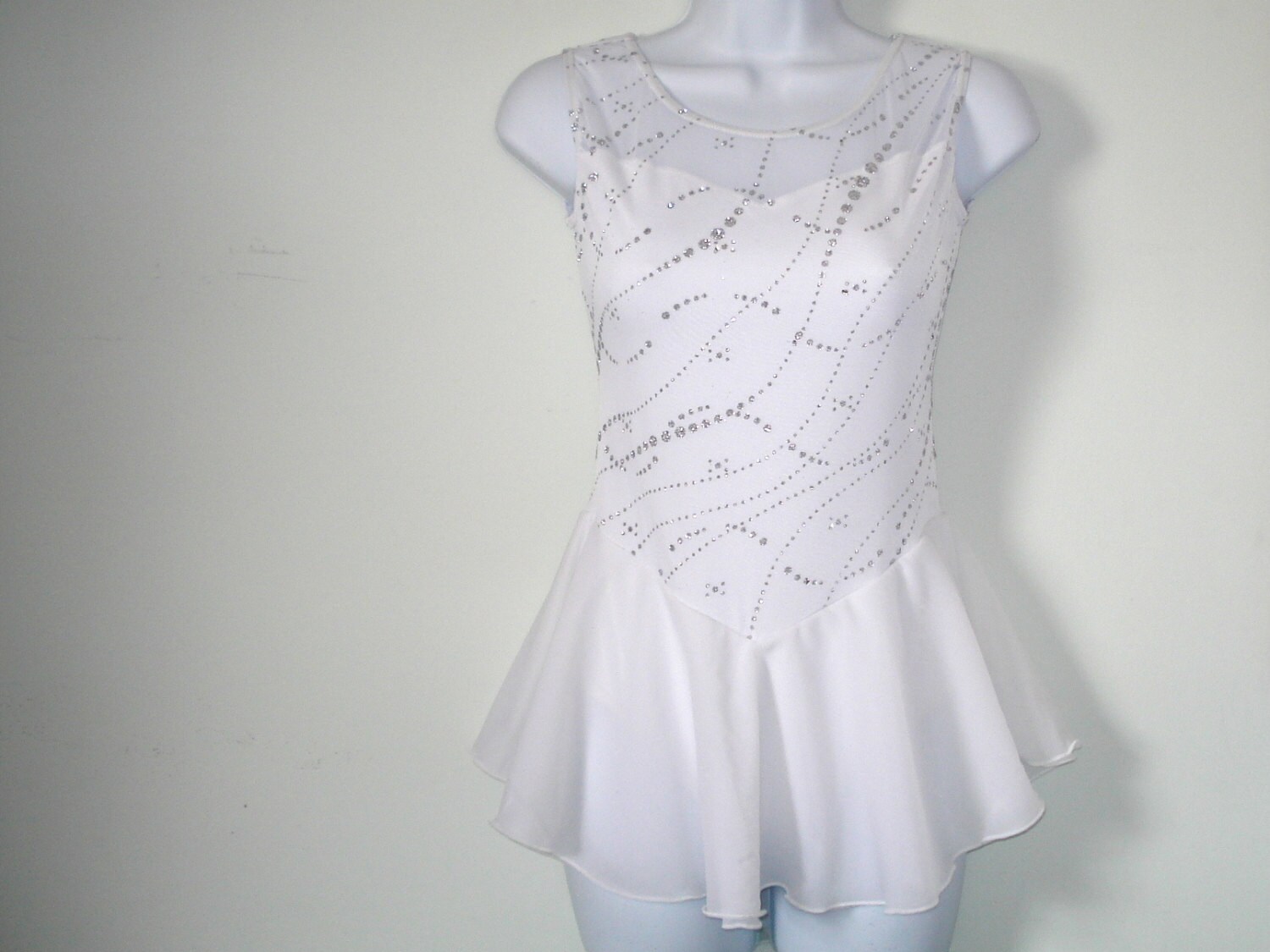 Figure Skating Dress White Chiffon w/Silver Glitter over