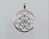 Sacred Geometry, Seed of Life Pendant with Tsavorite (green garnet) Gems set in 925 Sterling Silver