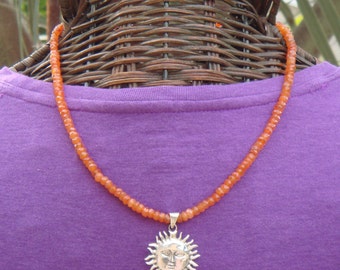 Carnelian Bead Necklace, Sun Necklace, Sterling Silver Sun Pendant, Sun Pendant, Carnelian Gemstones, Orange Gemstones, Sterling Silver Sun