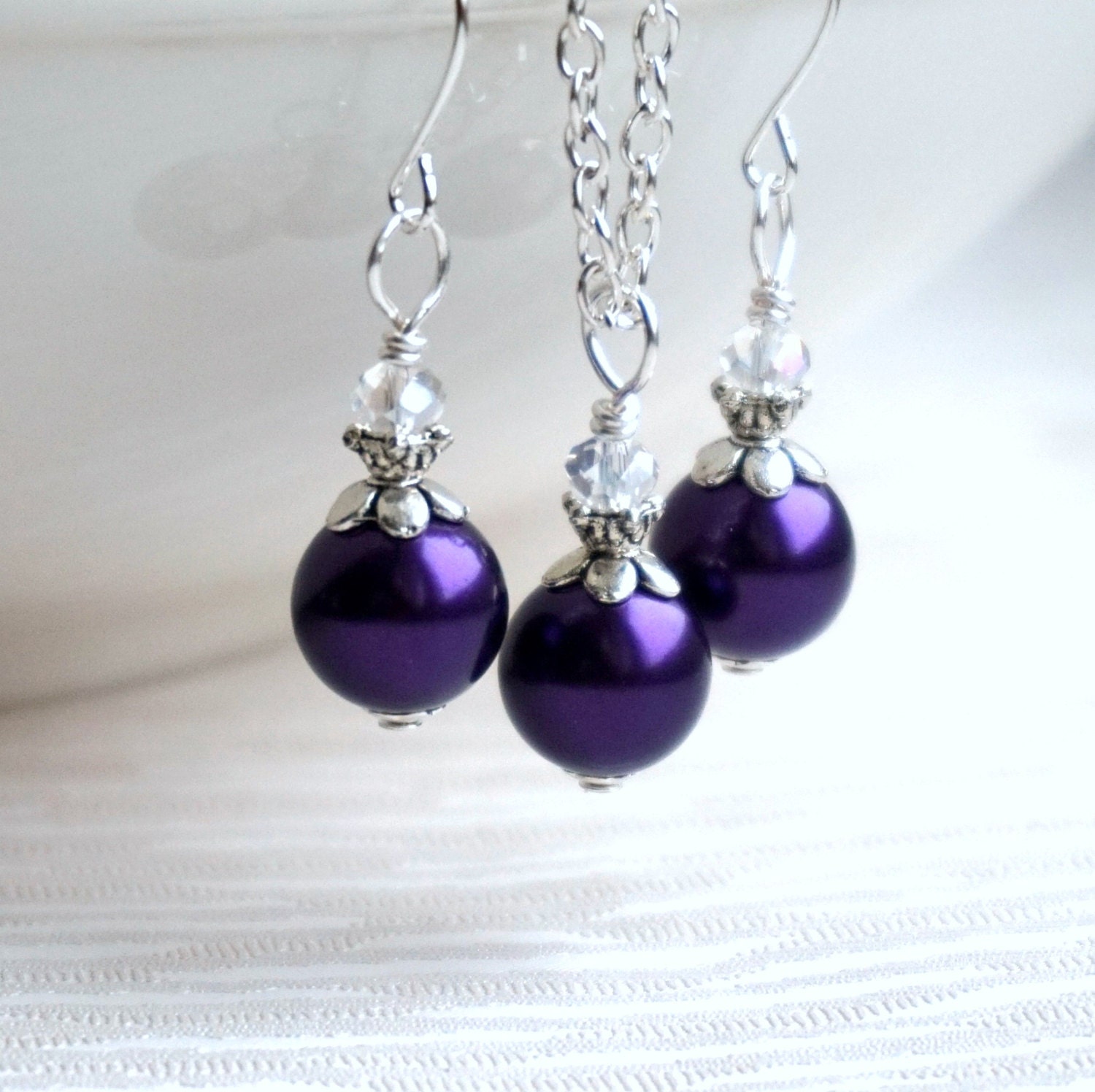 Dark Purple Bridesmaid Jewelry Set Of Necklace and Earrings