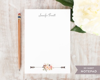 Personalized Notepad - PAINTED FLORALS II - Stationery / Stationary Notepad - rustic tribal floral peonies arrows watercolor notes