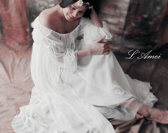 Handmade White Chiffon Vintage Style Long Wedding Honeymoon Dress Overlay