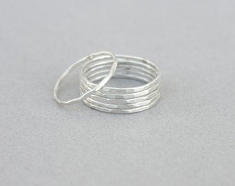 Skinny silver stacking rings, set of 3 / set of 6, hammered sterling silver, slim simple stackable band, stack ring set