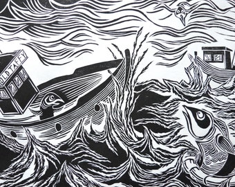 The Great Rescue Of Mr Fish, Original Woodcut, Fish Print, Black And White Art, Printmaking, Ben Prints