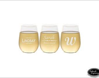 THREE Custom Engraved Wine Glasses, SHIPS FAST, Personalized Wine Glasses, Custom Wine Glasses, Engraved Glasses, Bridesmaid Gift Wine Glass