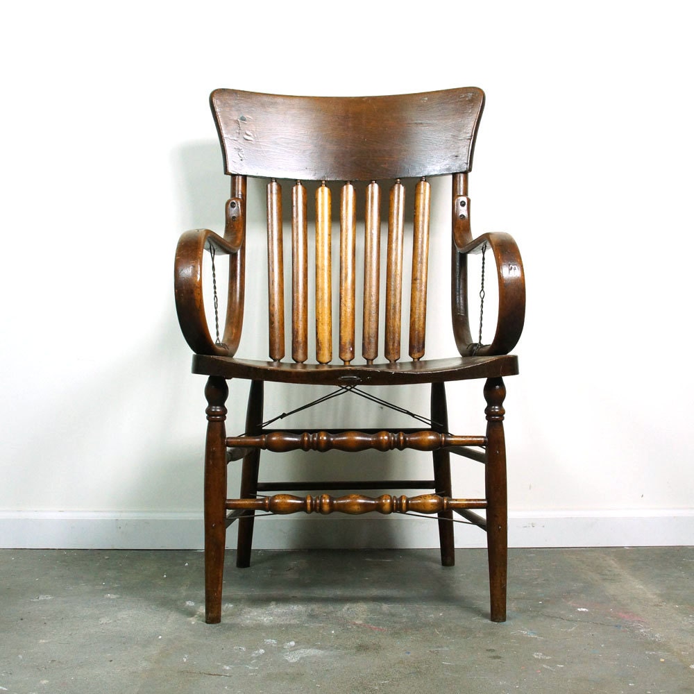 Antique Oak Armchair with Spindle Back & Bentwood Armrests