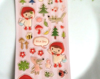 Red hat girl big bad wolf sticker Little red riding hood fairy talestory cartoon girl sticker little green trees deco seal label scrapbook