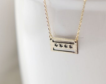 antique Gold Chicago flag necklace, Chicago necklace, dainty chicago flag necklace