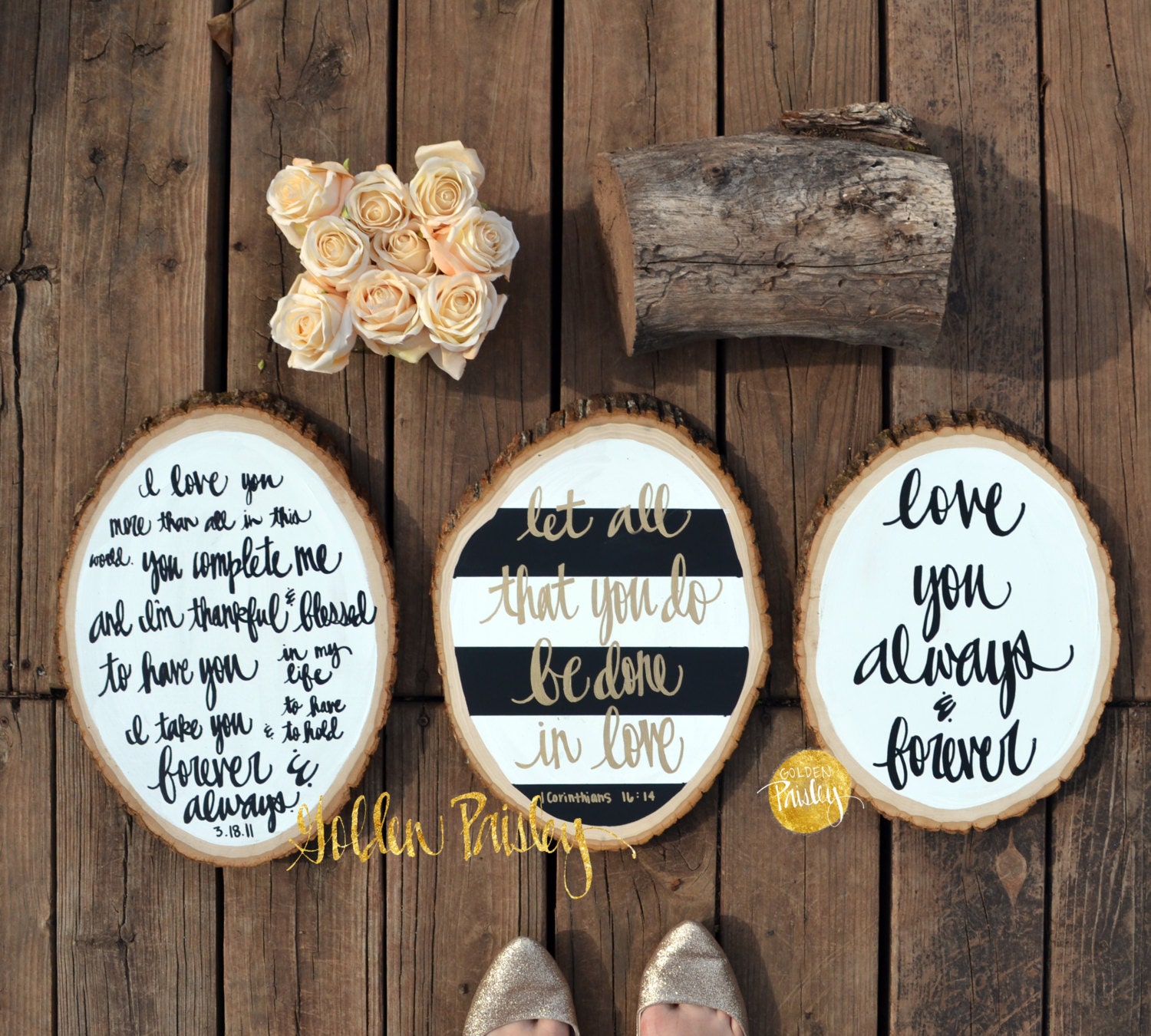 Wood Slice Painting Set of 3 Wedding Decor Sign Set Wall Decor