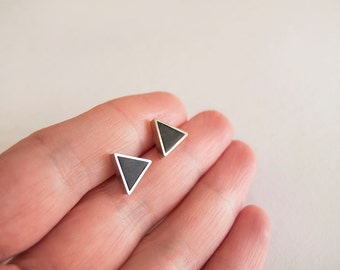 Black Silver Triangle Stud Earrings - Hypoallergenic Surgical Steel Posts
