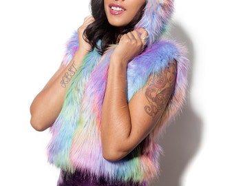 Custom color faux fur hooded vest in long monster fur many color combos available super cute rap rave